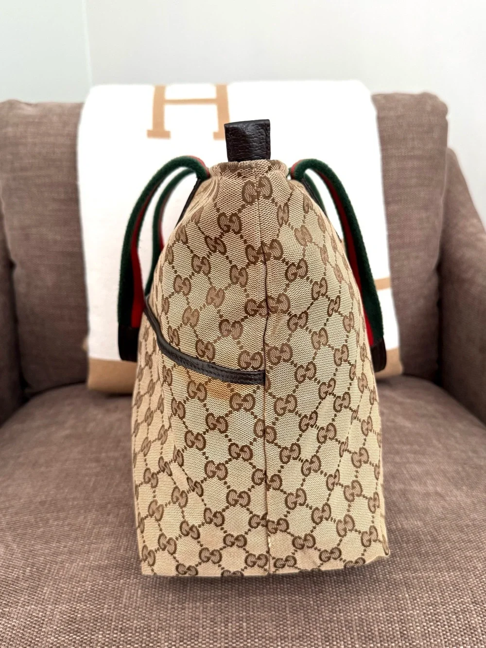Gucci authentic tote bag brown monogram canvas diaper bag red green handles